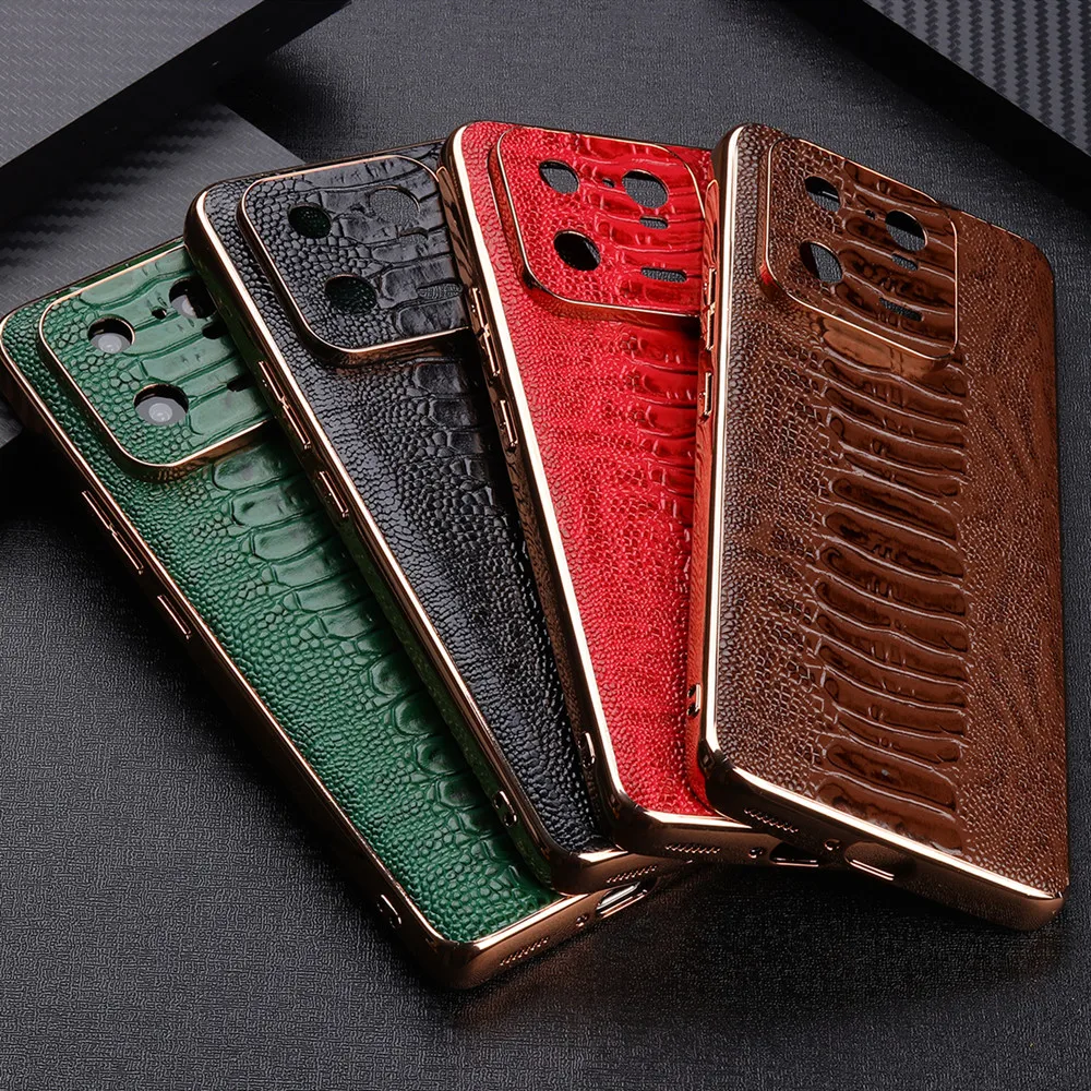 Genuine Cowhide Leather Phone Case for Xiaomi Mi13 Pro Mi 13 Classic Retro Ostrich Skin Pattern Glossy Frame Armor Back Cover