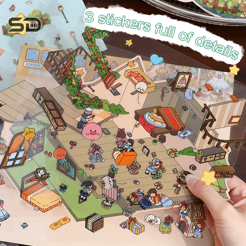 Large Size Cartoon Creative Three-Dimensional Landscaping DIY Handbook Stickers Cute Cabin Scene Stacking Decor Pasting Sticker
