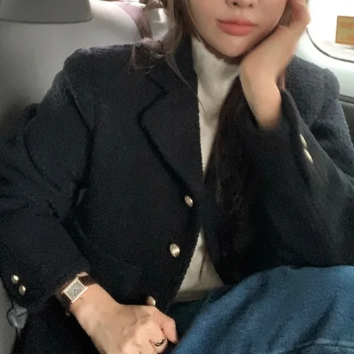 검정색 여성용 코트 통근용 루즈핏 단추 검정색 신상품 빈티지 블랙 슬림핏 트렌디 코트 외투 자켓 코트