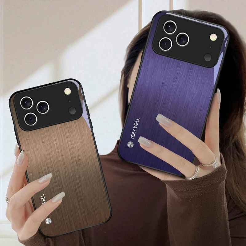 Minimally brushed metal For iPhone 17 Pro Max 16E 15 Plus 14 Pro 13 12mini 11 Air XS Max 5 6 7 8Plus SE Black Glass Phone Case view 2