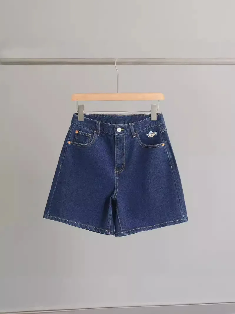 Cruise 2025 Celana Pendek Jeans Cuci Retro Longgar Kasual Universitas Wanita Baru Jeans Pinggang Tinggi Celana Pendek Denim Longgar Bordir Kartun
