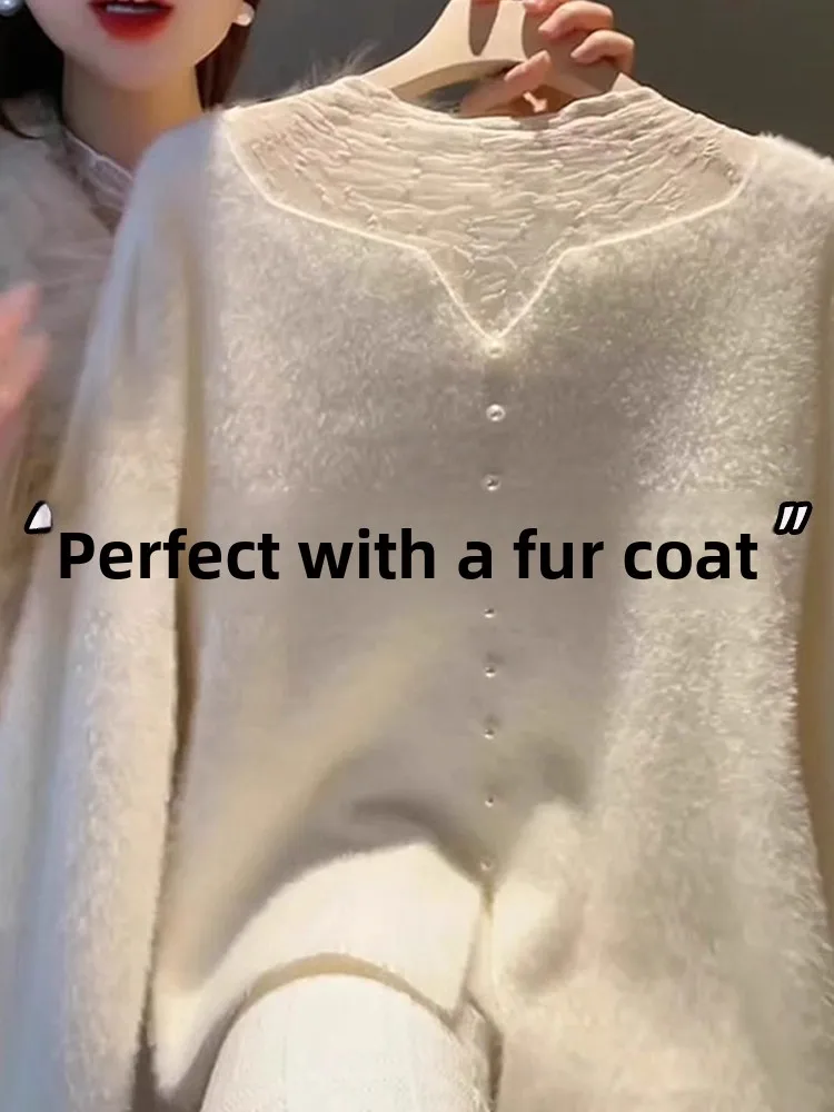 

Французский вязаный топ с кружевными вставками, женский, приталенный, с высоким воротником, повседневный, с длинными рукавами, мягкий, средней толщины, модный топ