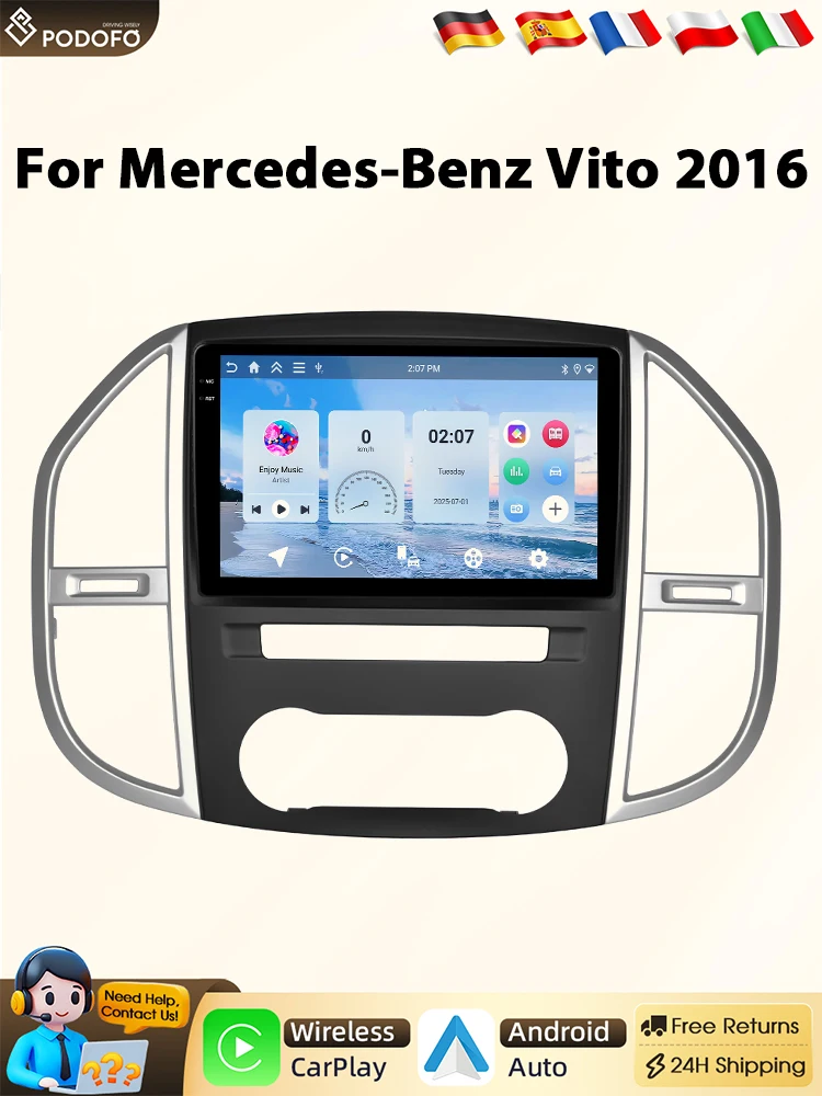 Podofo CarPlay 4G Android Radio voor Mercedes-Benz Vito 2016 Auto Intelligent Systeem 2 Din GPS Auto Multimedia Speler DVR - afbeelding 2