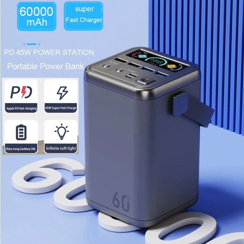 

New power bank with large capacity 66W fast charging with cable outdoor camping mobile power supply 60,000 mAh large capacity