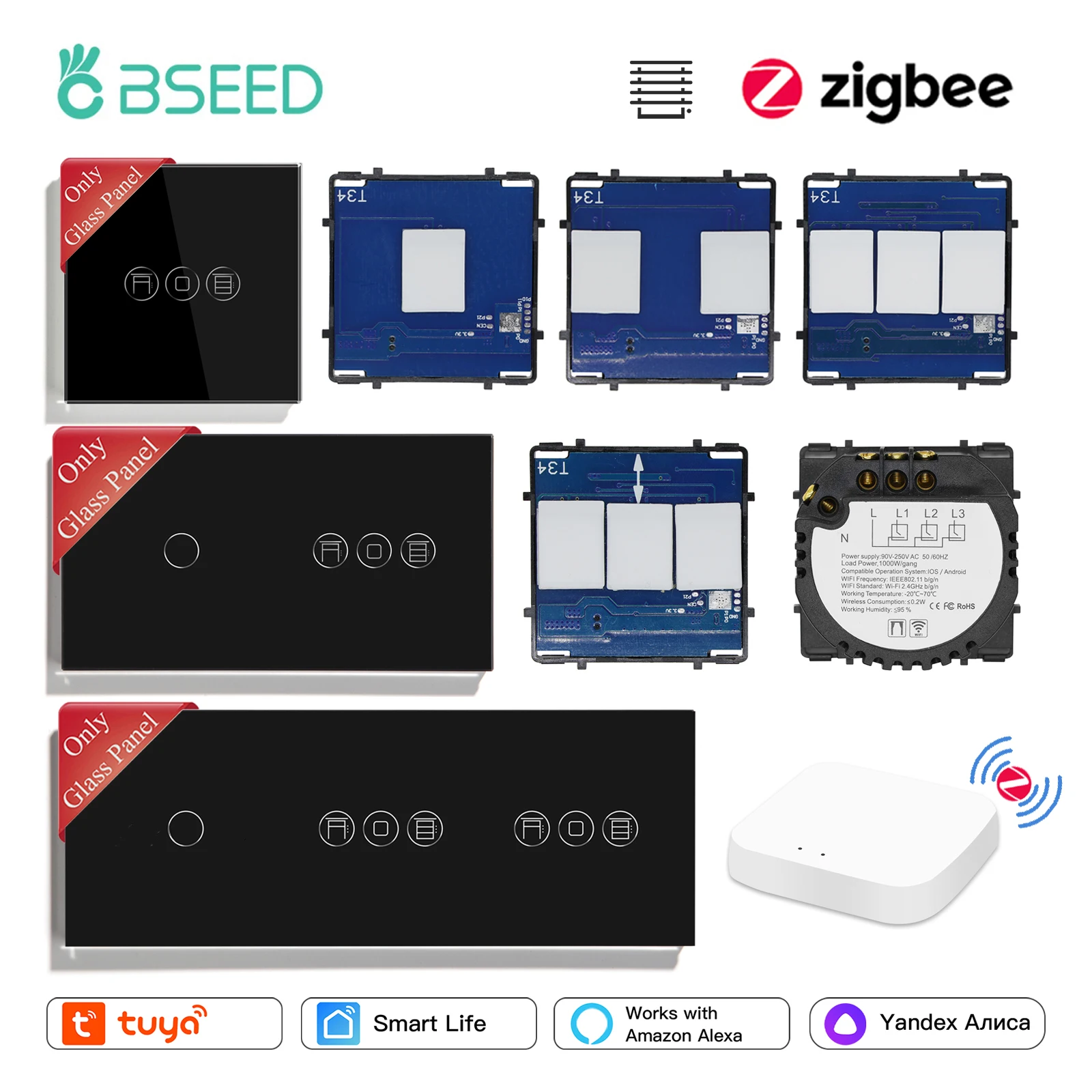 BSEED Zigbee Smart Touch Shutter Blinds Switch Light Switches Tuya Google Smart Life Function Parts Glass Panel DIY Combination