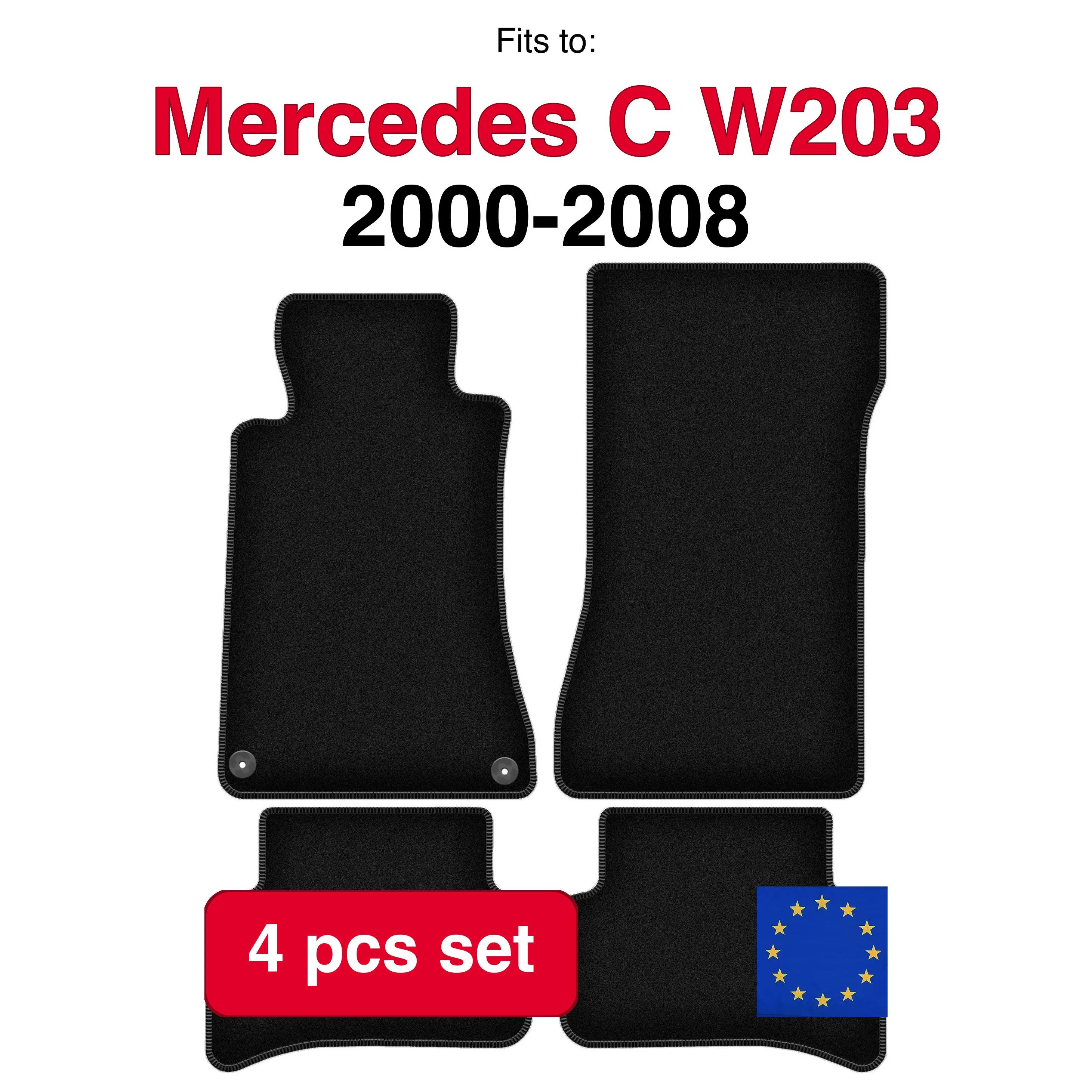 Image of Veloursteppich-Set für Mercedes C W203 Limousine Kombi (2000-2008) - Schwarz (4 Stück) passgenaues Auto-Fußmatten-Set