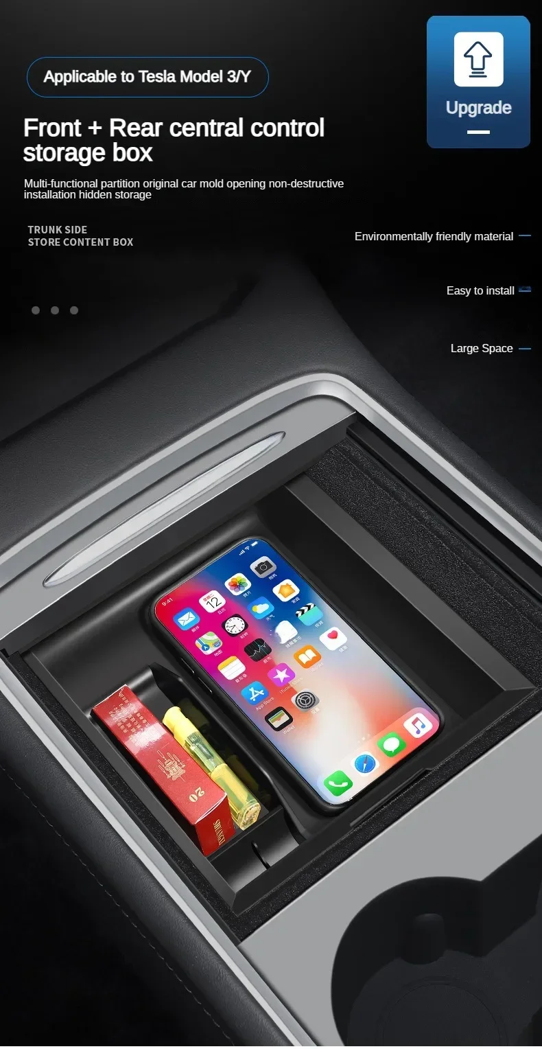 Für Tesla Modell Y 3, Mittelkonsole Lagerung Organizer Box Tablett Armlehne Versteckte Box Bins Tasse Halter Auto Innen Zubehör – Detail 2