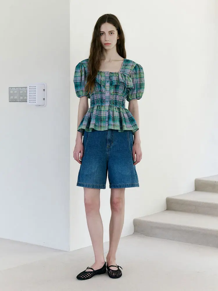 Nok Xiaola Authentic Vintage Bubble Sve Plaid Waist Cinched irt Women's Sweet Sle Slim Fit Cotton Polyester Nylon Blen...