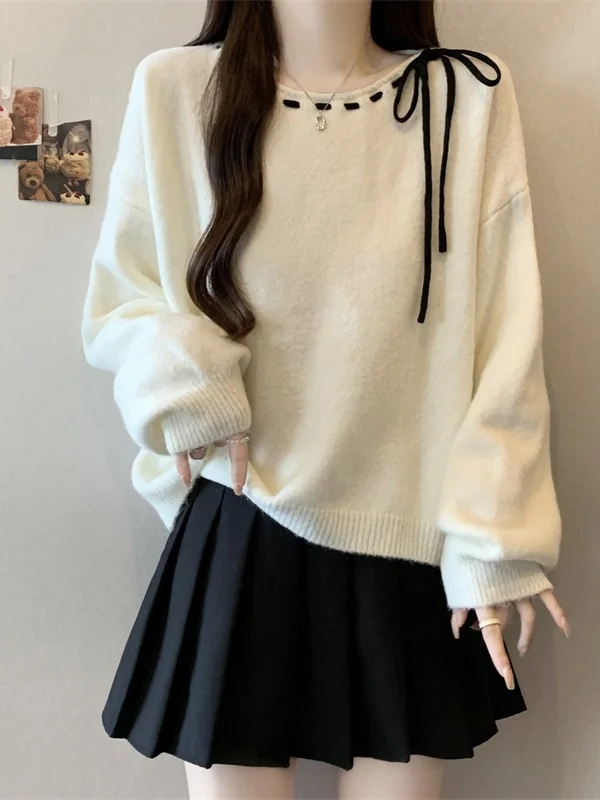 

plus Size Knitted Sweater with Bow Design Soft Cozy Women's Autumn Winter Loose Slimming Versatile Top French Sle High Waist