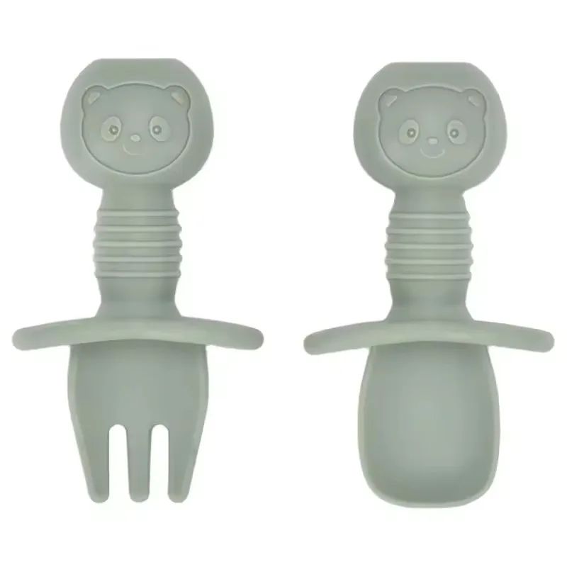 2 قطعة الغذاء الصف الأطفال مقبض خشبي ملعقة سيليكون شوكة أدوات المائدة تدريب الطفل ملعقة طعام تكميلية ملعقة تغذية الطفل شوكة #6