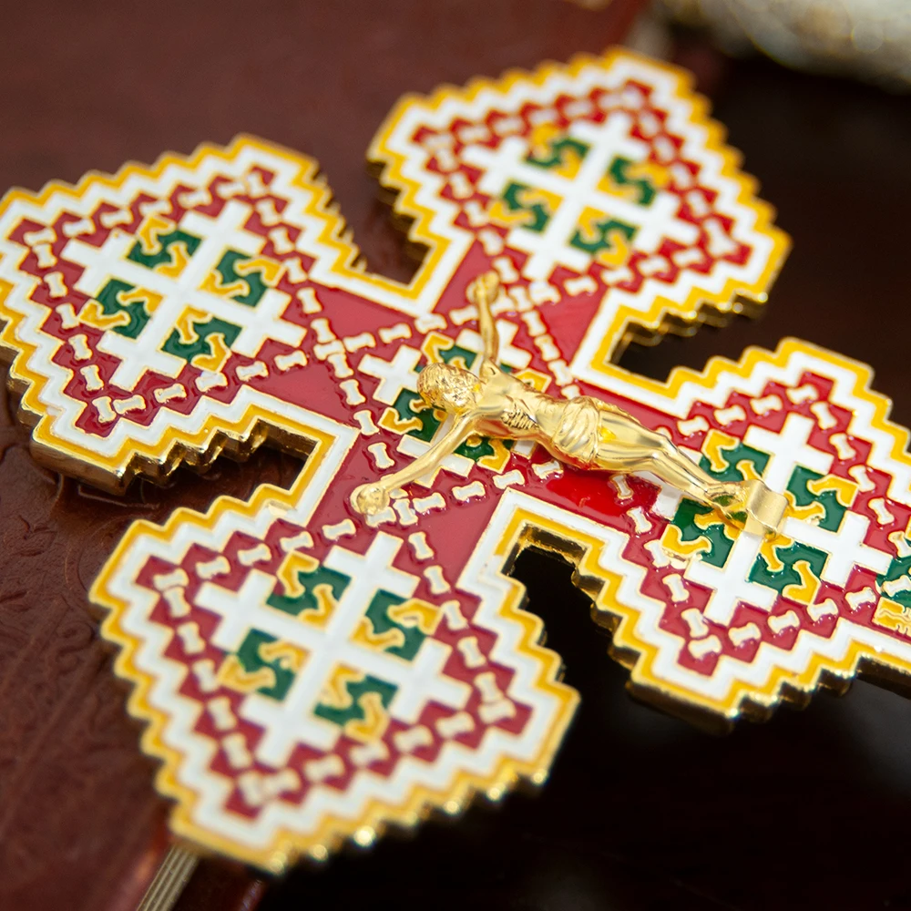 HTISOK Orthodoxes Handkreuz Jesus-Kreuz Segenskreuz aus Zinklegierung, vergoldet, Geschenk für Priester, Orthodoxes Kreuz – Detail 4