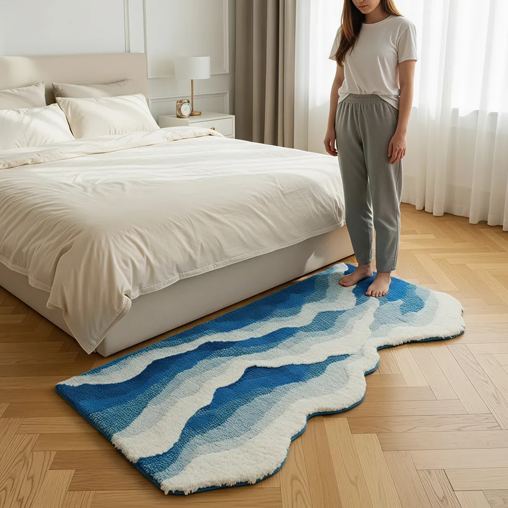 Creative Wave Rug High-Quality Flocking Antislip Carpet for Bathroom Ocean Tufted Carpet Fluffy Thickening Bedroom Bedside Rug