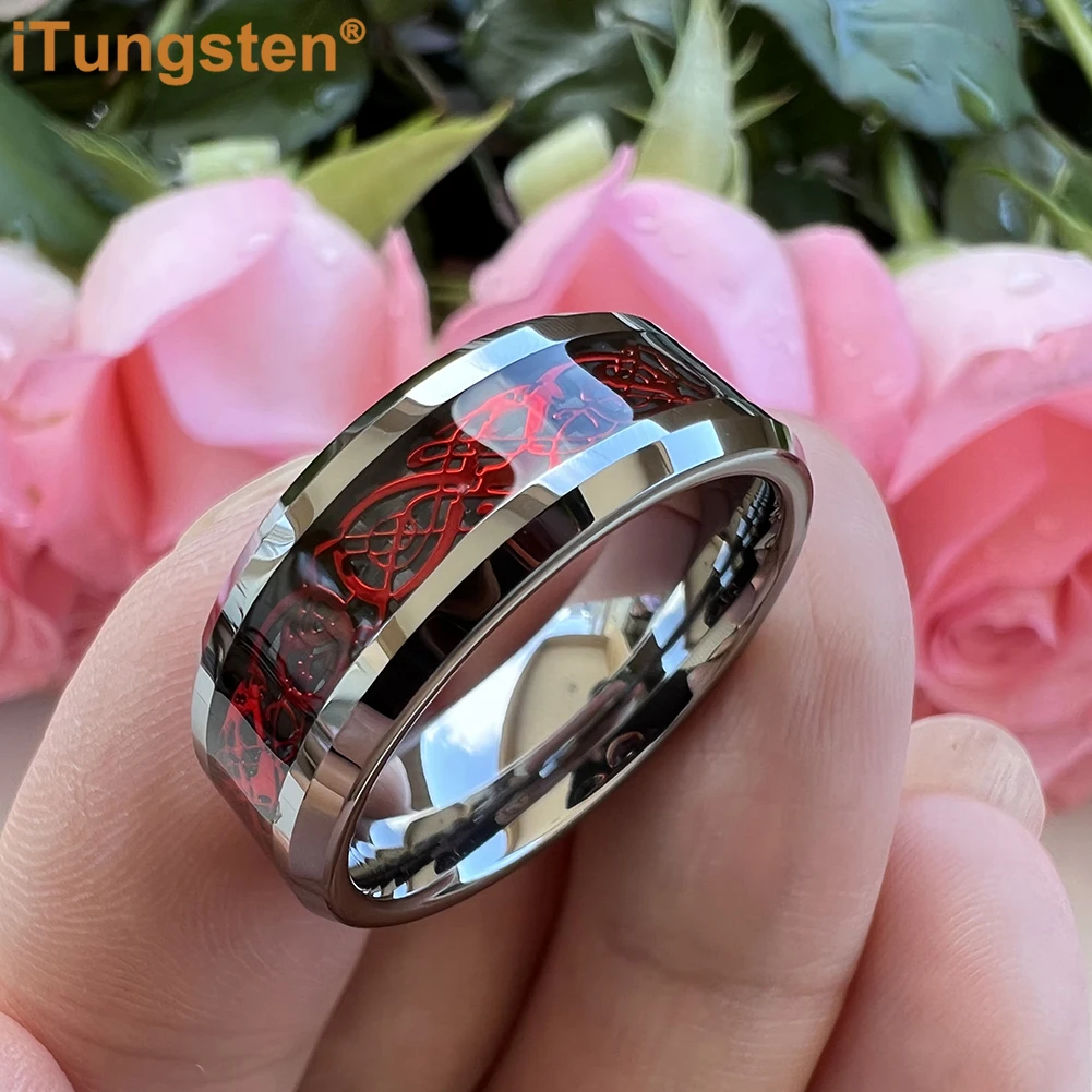 iTungsten 8mm Red Dragon Ring Men Women Original Color Tungsten Engagement Wedding Band Black Carbon Fiber Inlay Comfort Fit