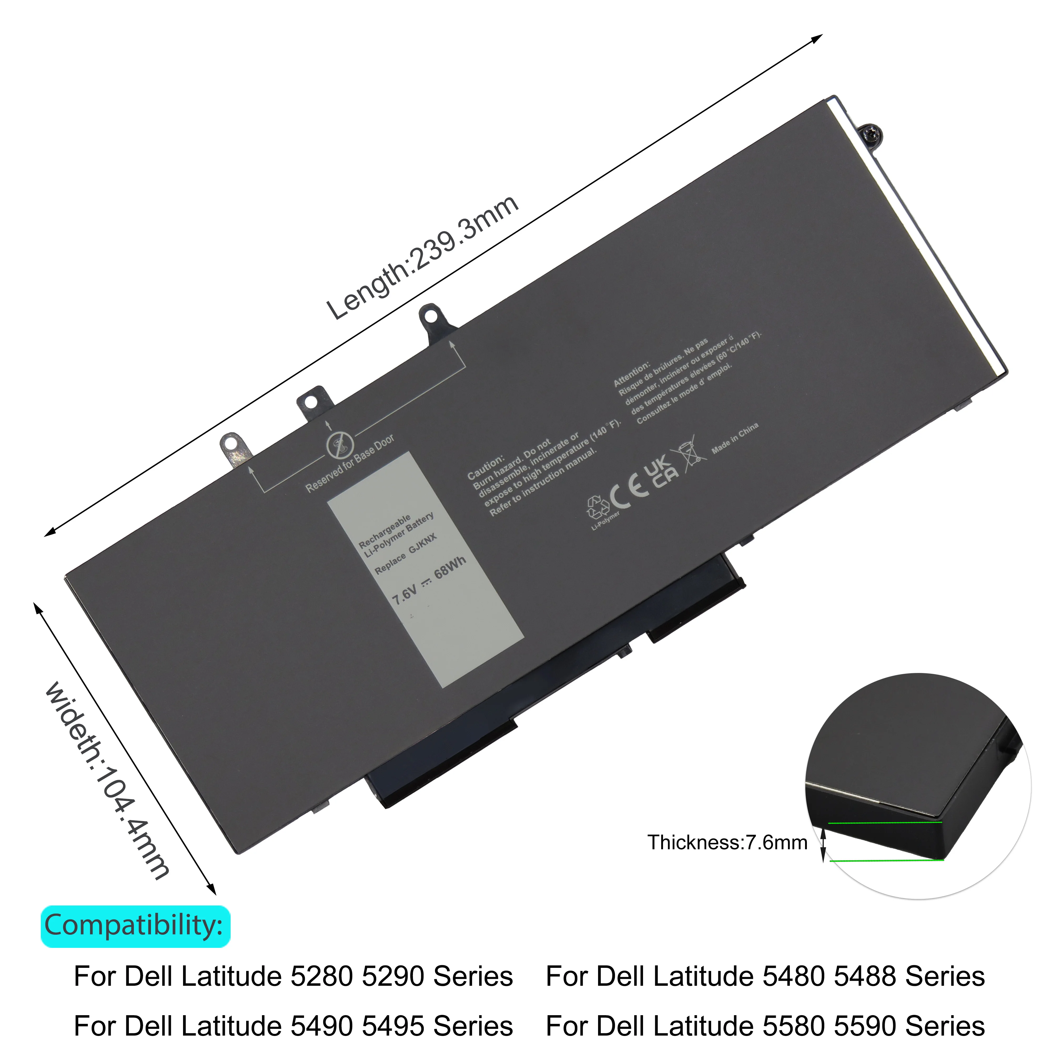 For DELL GJKNX Laptop Battery DELL Latitude  5580 5590 5480 5490 series 7.6V 68Wh 3DDDG GD1JP 93FTF