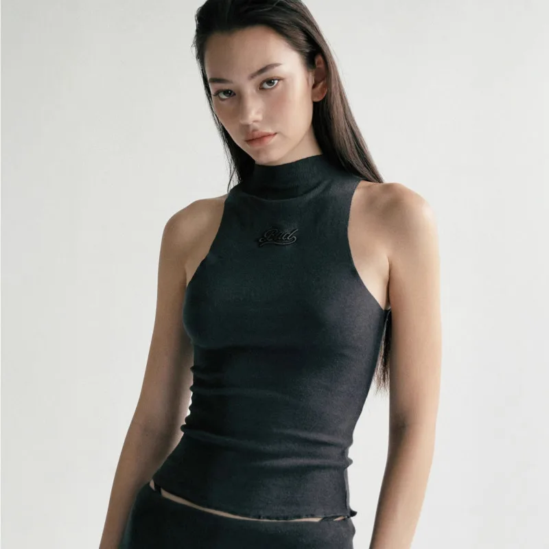 

Мягкий жилет с высоким воротом для женщин, сексуальный вышитый угольный однотонный короткий облегающий жилет без рукавов, внутренняя и внешняя базовая рубашка