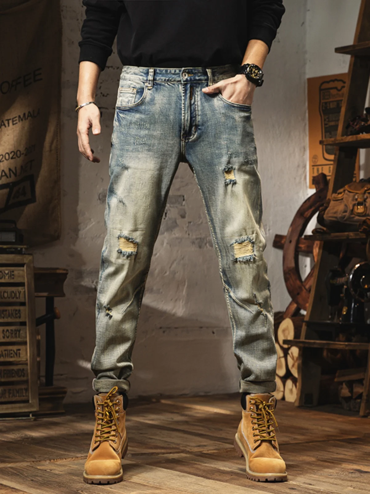 

Retro American Denim Jeans Men's Slim Straight Hole Elastic Casual Pants Trendy Cotton Stretch Denim Youth Spring Wear
