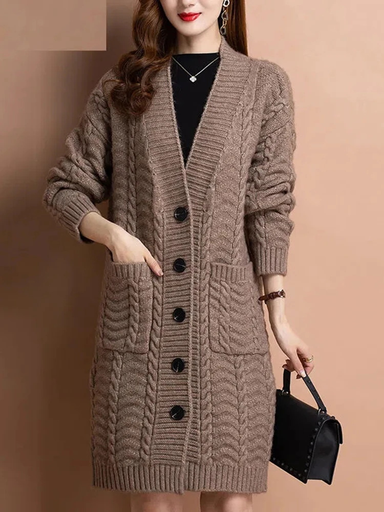 Thick Loose Knitwears Mid-lenght Cardigan Casual Knitted Elegant Sweaters Oversize Women\'s Gilet New Korean Fashion Jackets