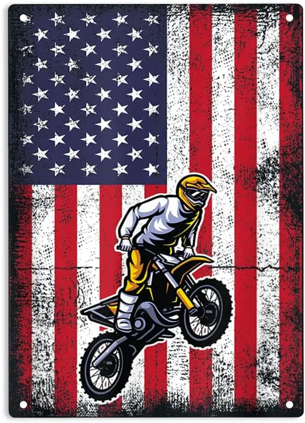 Dirt Bike Racing Motocross Dirt Biker Signs Metal Tin Sign, American Flag Poster for Home/Office/Garages/Bedroom/Cafes Bars Pub/