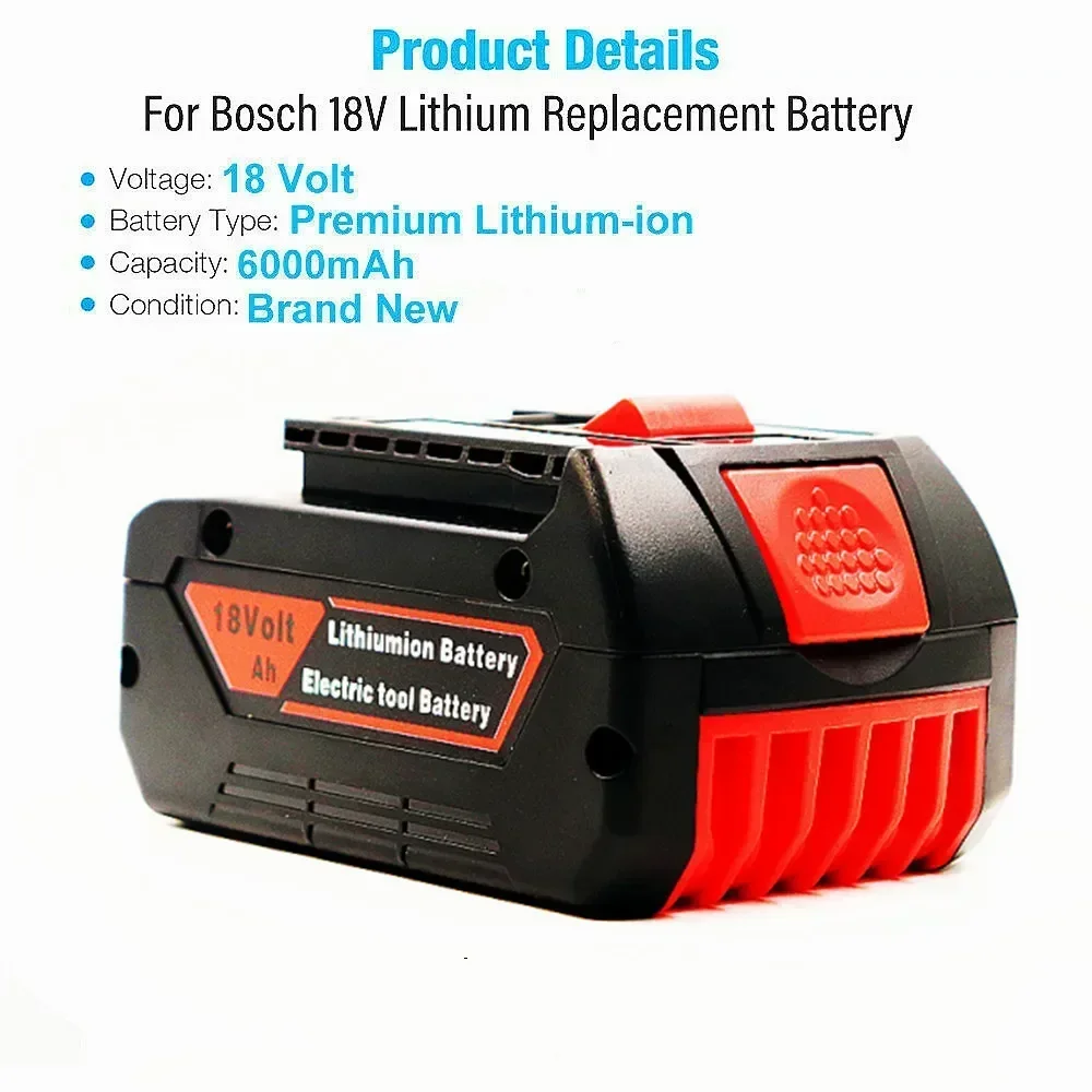 Aleaivy 18V 6.0A Rechargeable Li-Ion Battery For Bosch 18V Power Tool Backup 6000mah Portable Replacement BAT609 Indicator Light