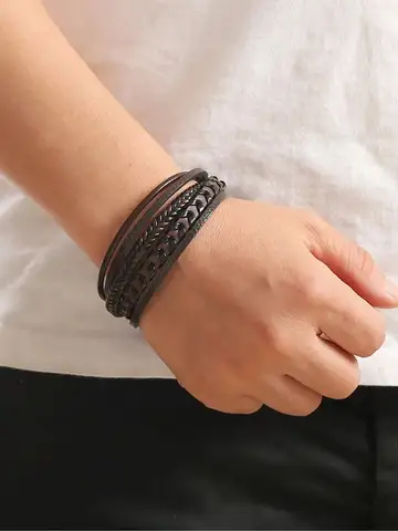 1pc Fashion Accessories MEN'S Multi-layered Vintage Leather Rope Braided Bracelet Alloy Magnetic Buckle Bracelet