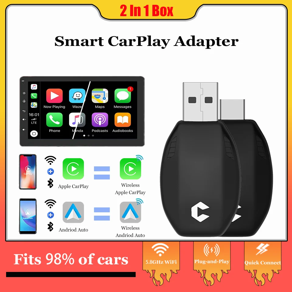 

New CarPlay Android Auto 2-in-1 Wireless Adapter Smart Mini Box Plug & Play WiFi Quick Connect For Nissan Volkswagen Honda Kia