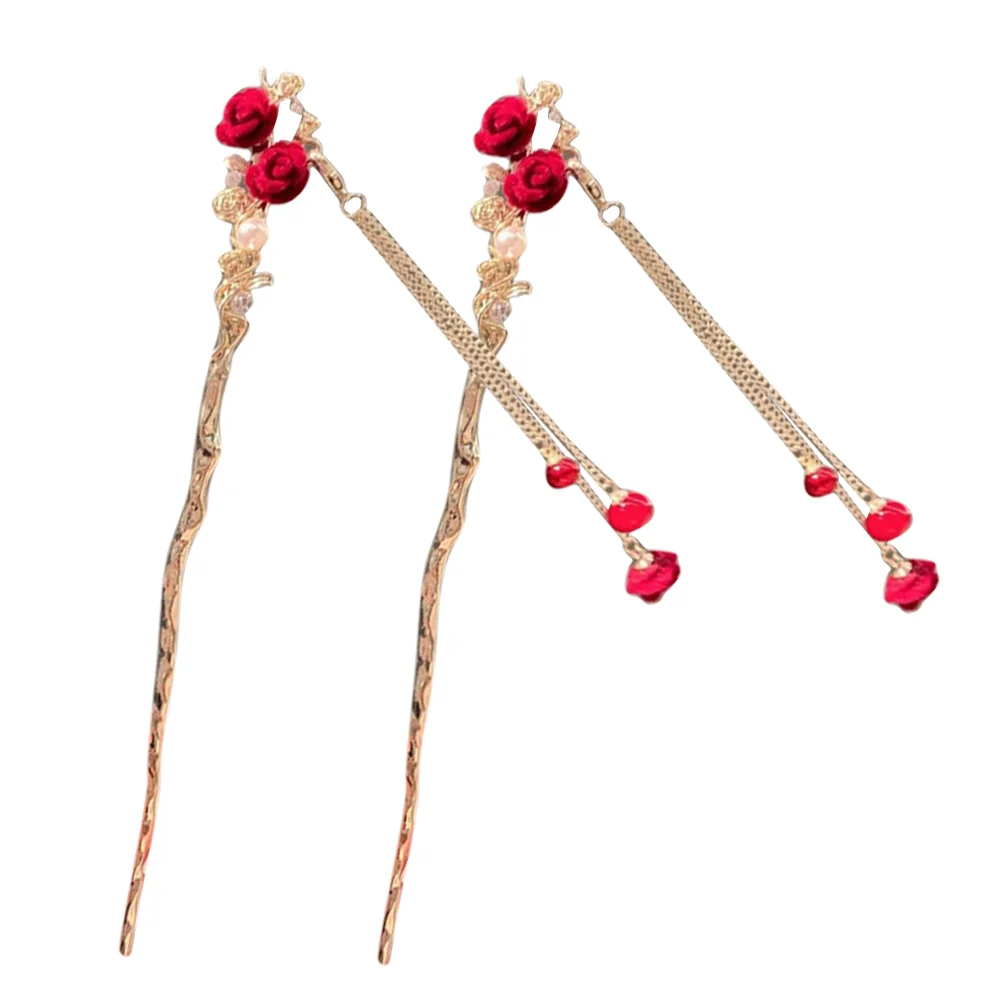 2 Pcs Flocked Rose Hairpin Chopstick for Women Red Rose Flower Hair Stick Vintage Hair Bun Accessories Formal Event Gift Idea