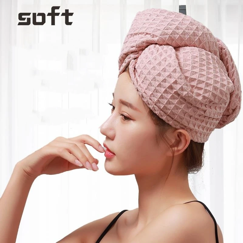 Waffle Hair Cap Microfiber Hair Towel Long Hair Quick Dry Hat Bath Towel Strong Water Absorbent Women Wrap Wiping Hair Towel