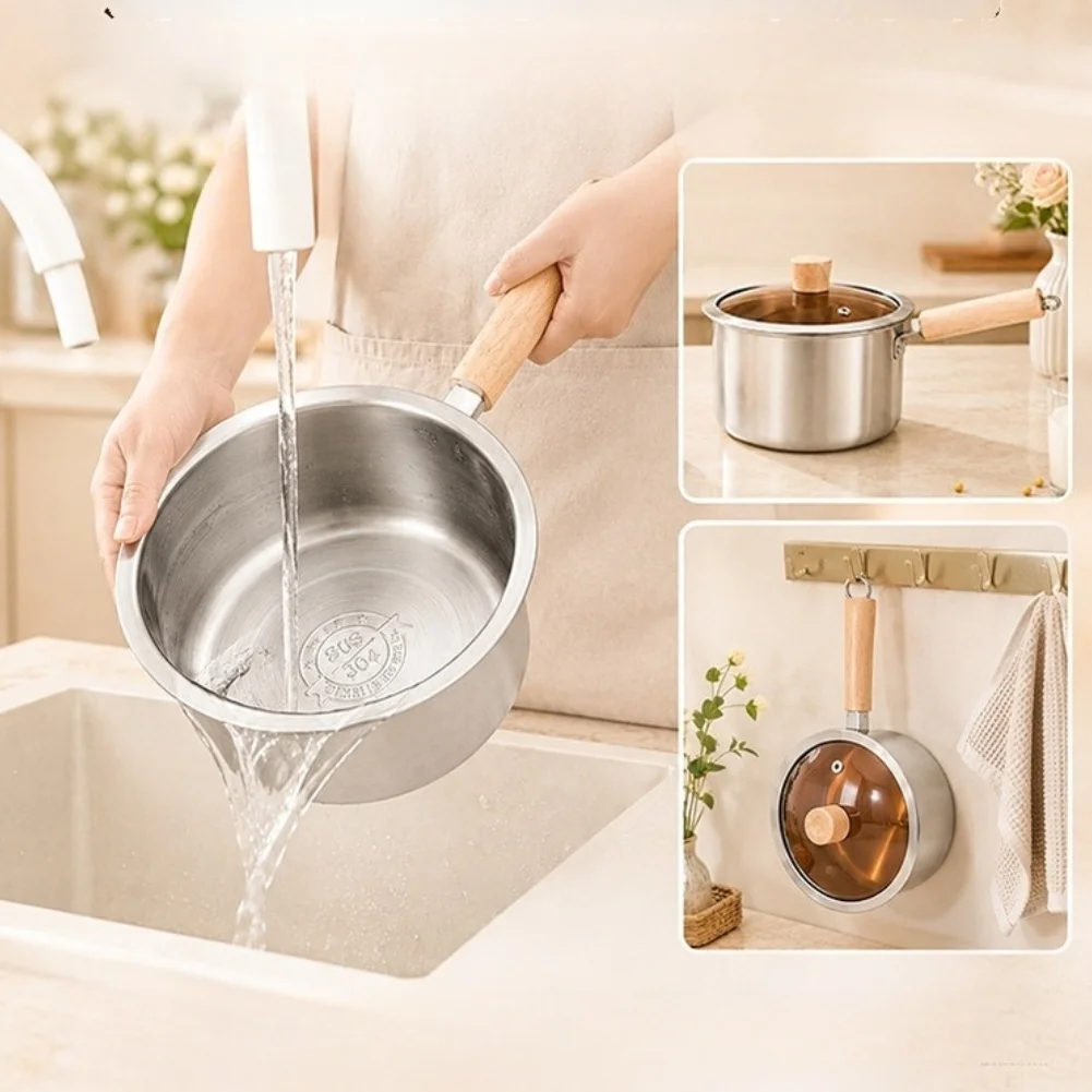 Induction Cookware 304 Stainless Steel Pot For Making Soup Ergonomic Beech Wood Handle Heat Resistant Grip Smooth Inner Facade