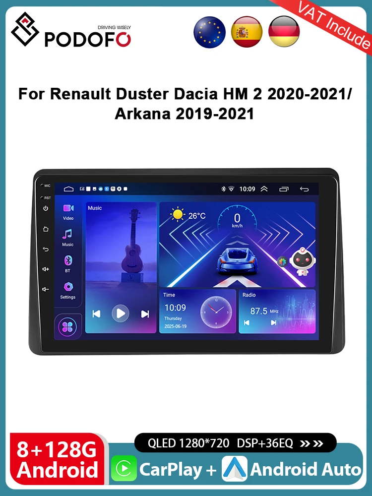 Podofo 10.1 "autoradio sans fil CarPlay Android Radio pour Renault Duster Dacia HM 2 2020-2021/Arkana 2019-2021 multimédia GPS 4G