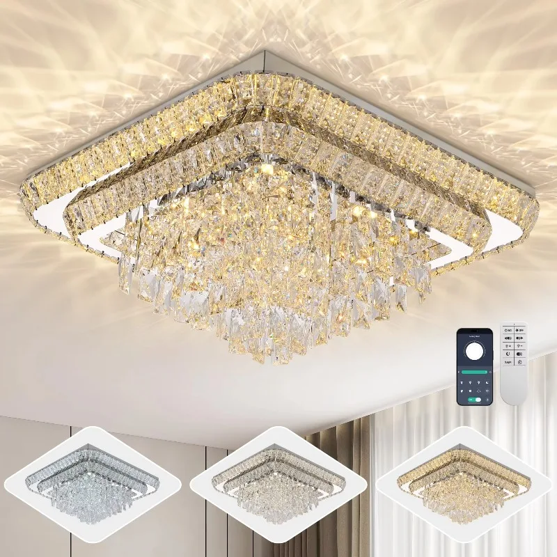 Modern Smart LED Flush Mount Chandelier Luxury Raindrop Crystal Ceiling Light for Dining Room Living Room Bedroom