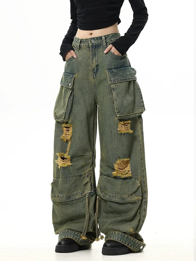 Women's Vintage Jeans Y2K American Harajuku Streetwear 90s Aesthetic Multi Pocket 2000s Style Loose Wide Leg Jeans Clothing 2025