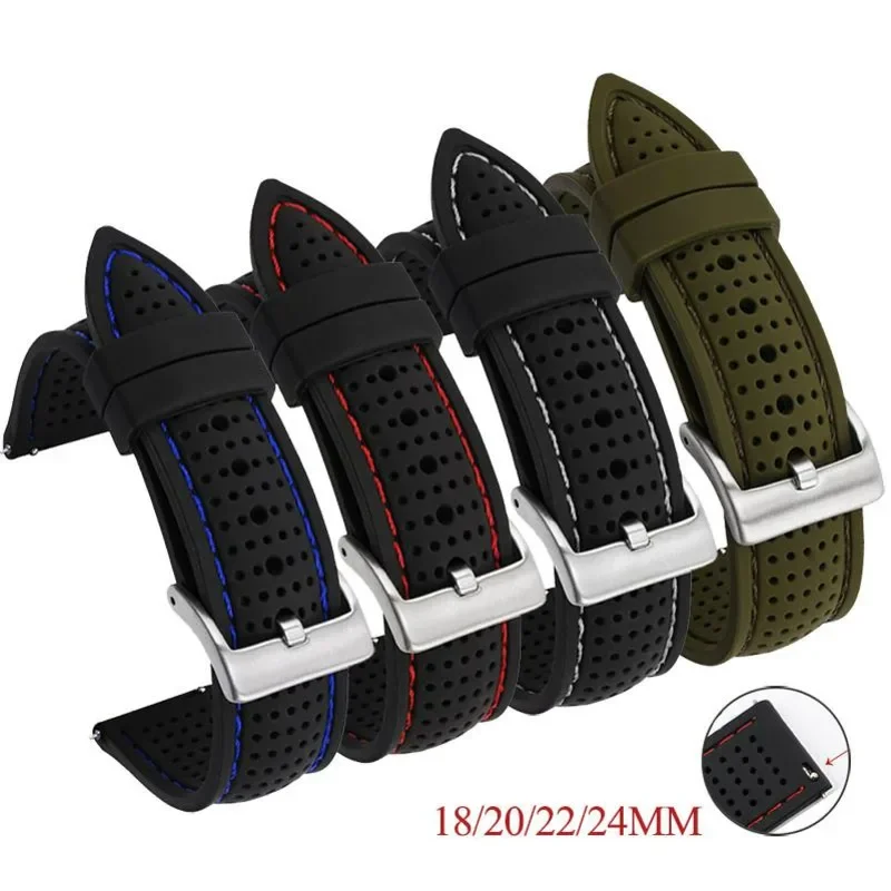 Oddychający silikonowy pasek do zegarka 18/20/22/24mm, sportowy gumowy pasek z szybkim montażem do Tissot Omega, klamra ze stali nierdzewnej