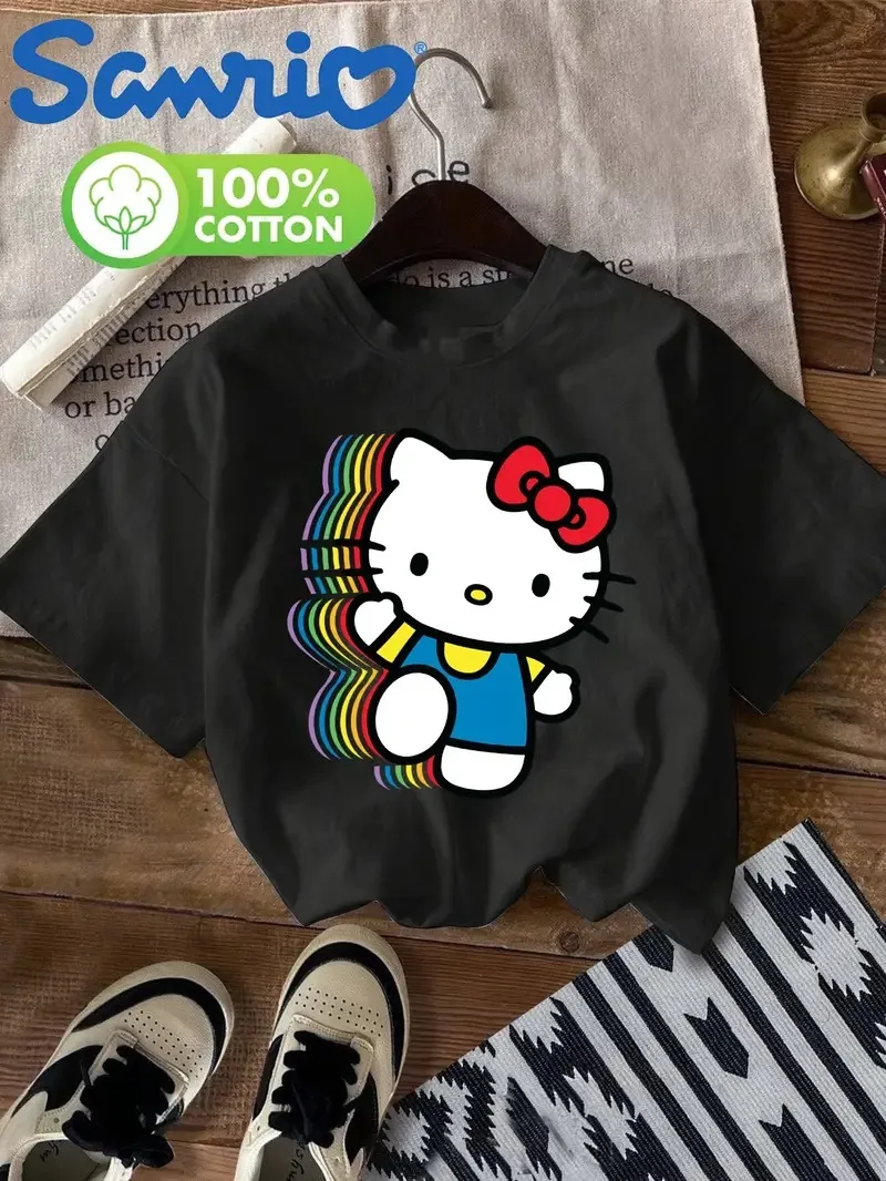 

Милая хлопковая футболка Hello Kitty с радужным акцентом, очаровательная Hello Kitty с эффектом радуги на комбинированном из чистого хлопка, милая