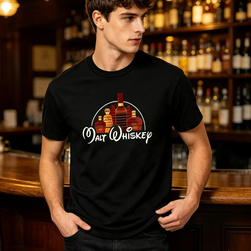 Malt Whiskey Bottle Graphic T‑Shirt 100% Cotton Men Short Sleeve Tee Vintage Bar Club Party Casual Streetwear Hip Hop Gift  Top