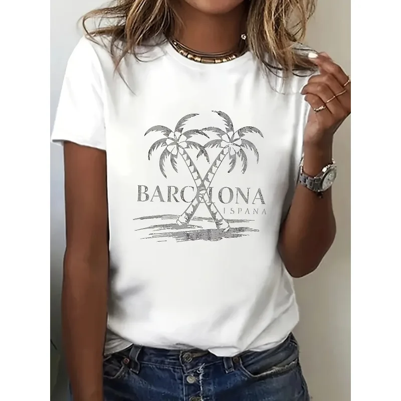 Women's Barcelona Spain Pattern T-Shirt Retro Catalan Heritage Design Featuring Palm Trees and Crossed Swords Women's T-Shirt