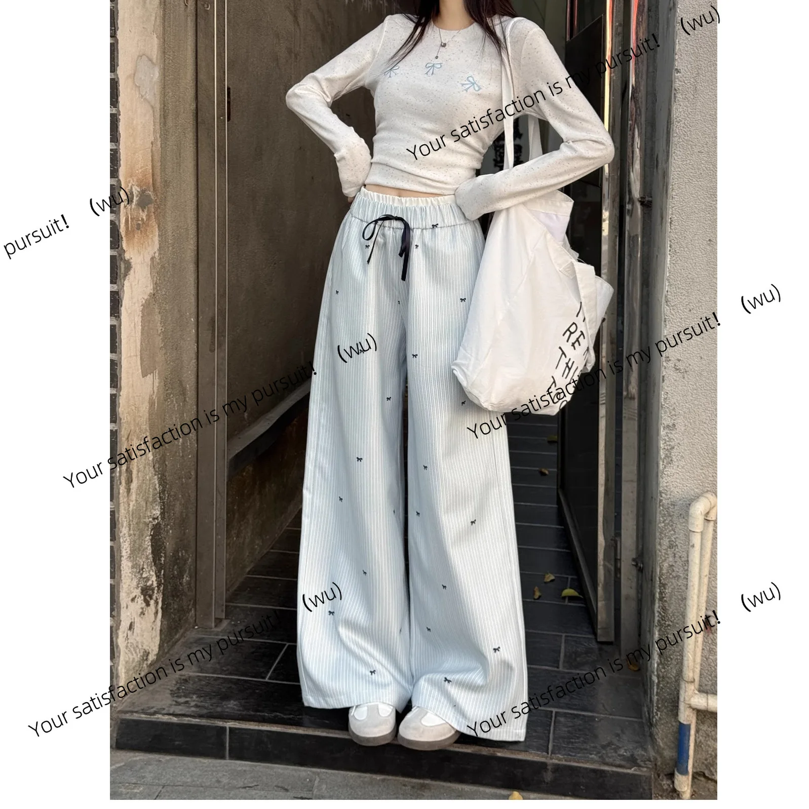 Pantalones de pierna ancha a rayas azules coreanos, pantalones casuales rectos de cintura alta de verano para mujer, pantalones de nicho con sentido de diseño