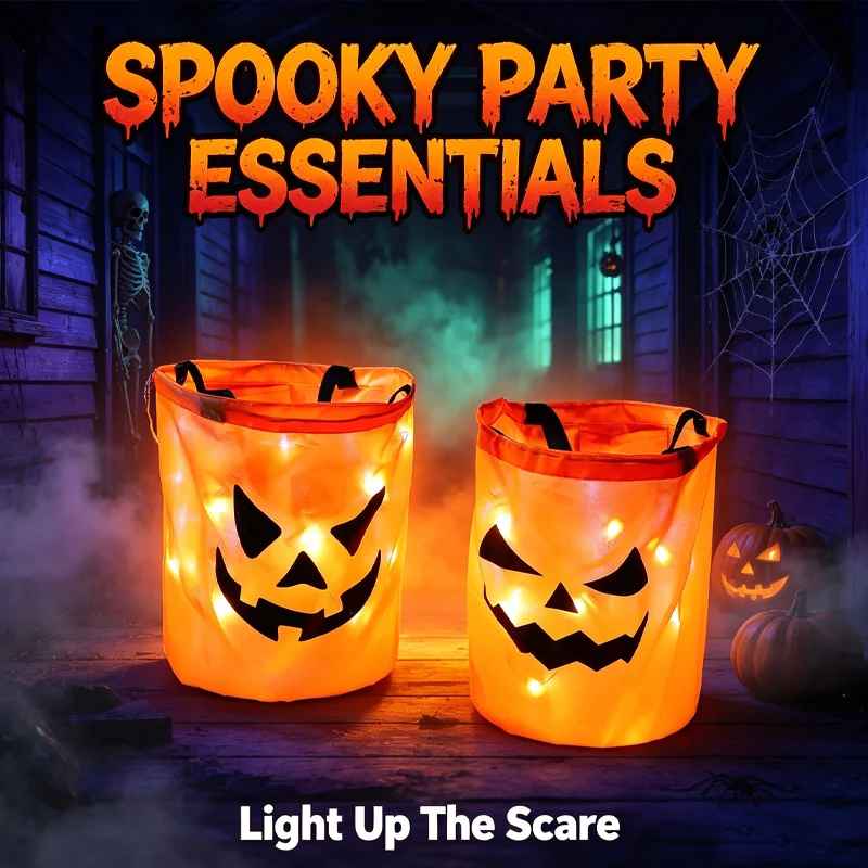 LED Halloween Pumpkin Candy Bucket Collapsible Reusable Trick-or-Treat Bag with Bright Glow Large Capacity for Candy Haul