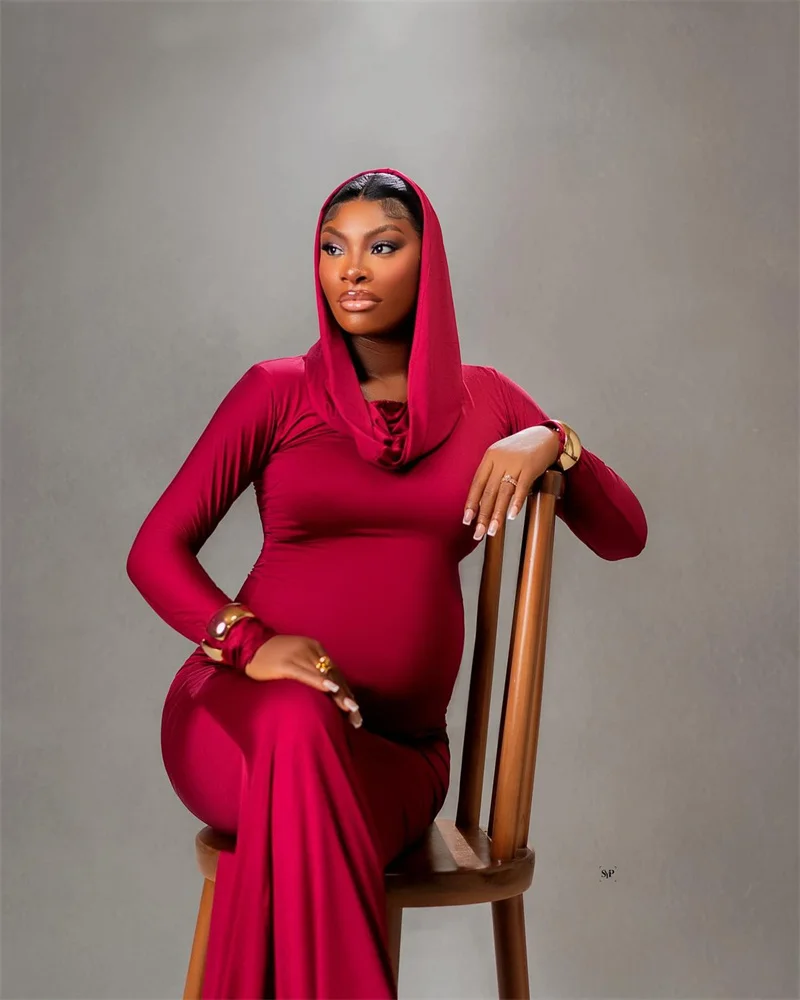 Red Hooded Woman Wedding Sleepwear Maternity Prom Dress Sexy Sheath Pregnancy Bridal Robes Evening Gown Autumn Fall Customized view 2