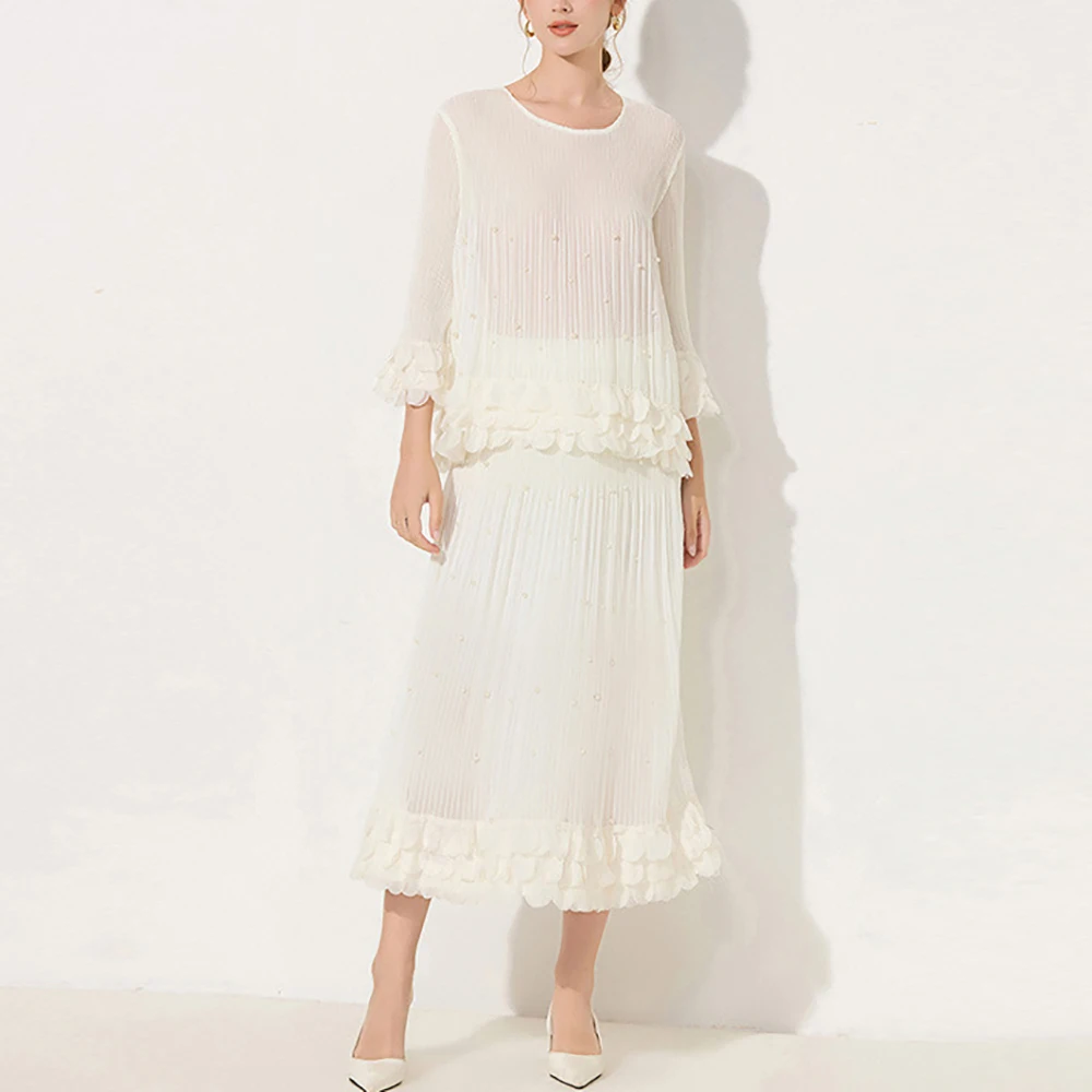 

Women Round Neck Three Quarter Ruffle Chiffon Top Midi Skirt Two Piece Set Pleated Matching Office Commute Outfit Spring Autumn