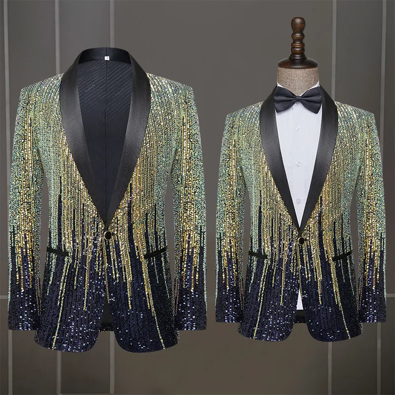 Men's meteor gradient sequin suit jacket performance clothing bar singer stage performance host walking show casual suit