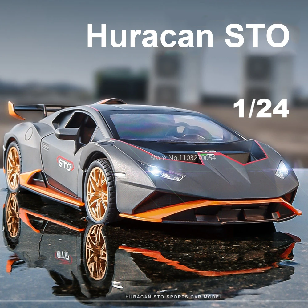 1/24 Scale Huracan STO 2021 Alloy Model Sport Car Toy Diecast Metal With Pull Back Sound light Vehicle for Kids Gifts Collection