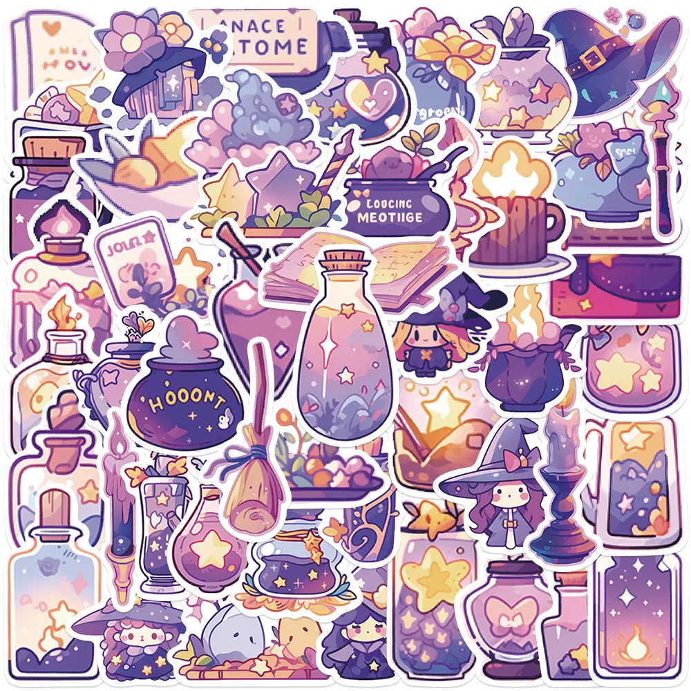 

50pcs Cute Cartoon Purple Magic Potions Stickers For Laptop Water Bottle Luggage Diary Phone Waterproof Graffiti Vinyl Decals