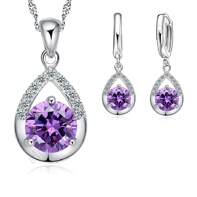 Fashion Purple CZ Jewelry Sets Pure 925 Sterling Silver Top Quality Zircon Earrings Necklace Set For Women Wedding Dress SET