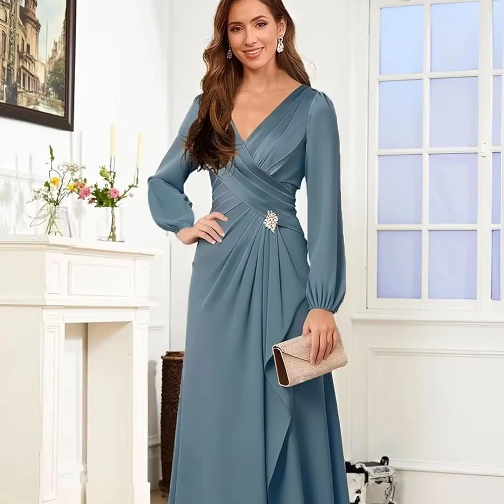 

Customized Women's Satin Mother of The Bride Dresses Long Sleeve Pleated V Neck Formal Dress Wedding Party Dresses
