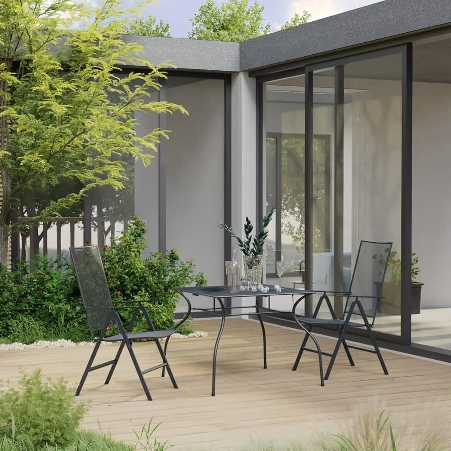 3-Piece Garden Dining Set Square Table with Stackable Chairs Powder-Coated Steel for Outdoor Patio, Customized