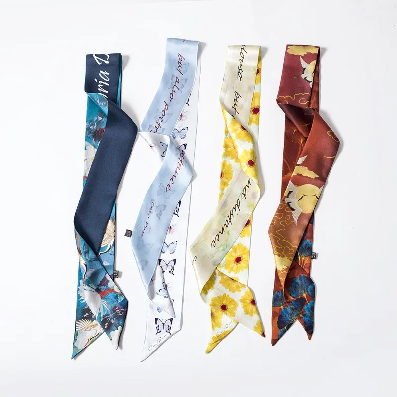 

100% mulberry Silk Scarf Women Narrow Long 6x125cm Scarves Crane Butterfly Print Neck Tie Bag Ribbon Headband Fashion Accessory