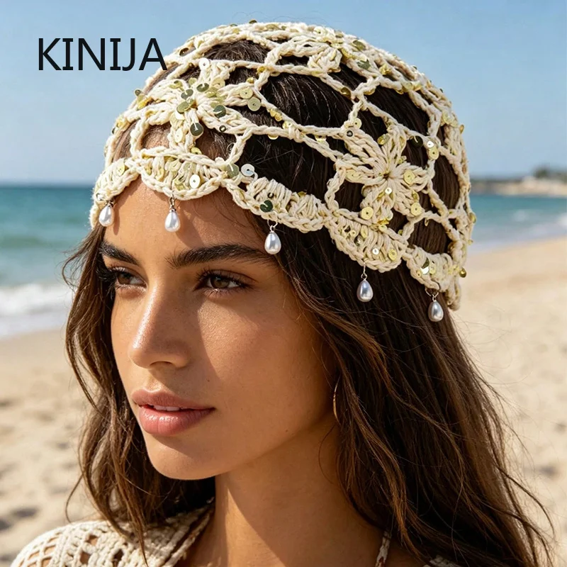 Bohemian Sequined Hollow Flower Knitted Beanies Cap for Women Spring Summer Travel Versatile Retro Pearl Fringed Pullover Hat