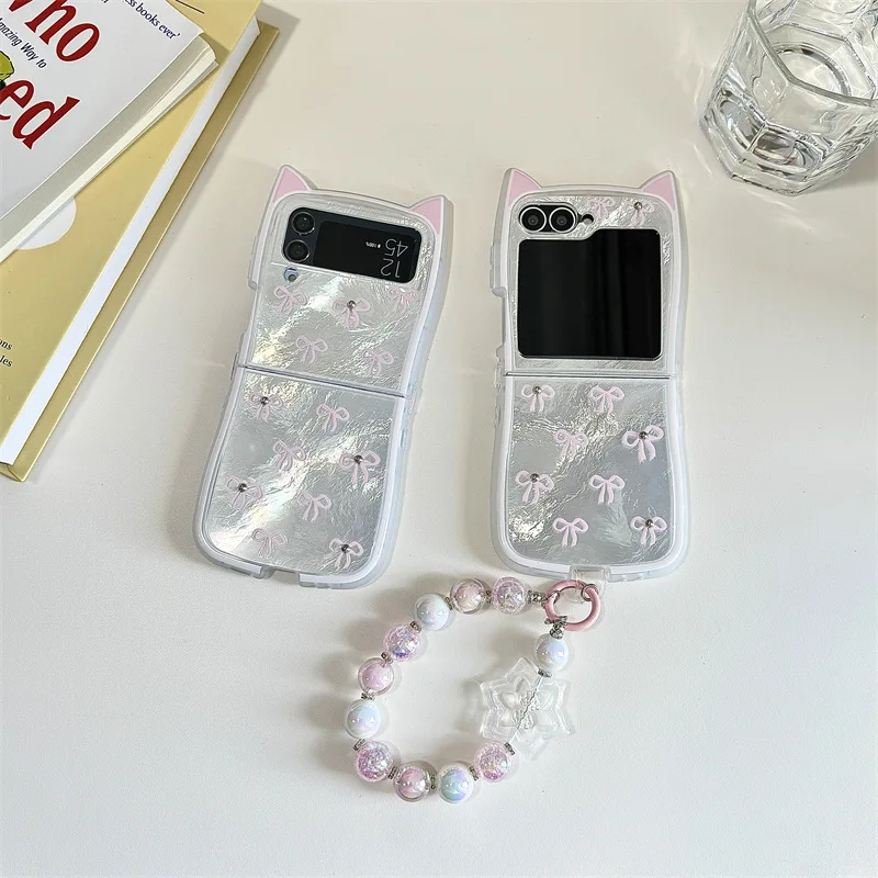 

Pink Bowknot Cat Ears Phone Case for Samsung Galaxy Z Flip 7 6 5 4 Protective Back Cover for ZFlip5 ZFlip6 ZFlip7 Case Shell