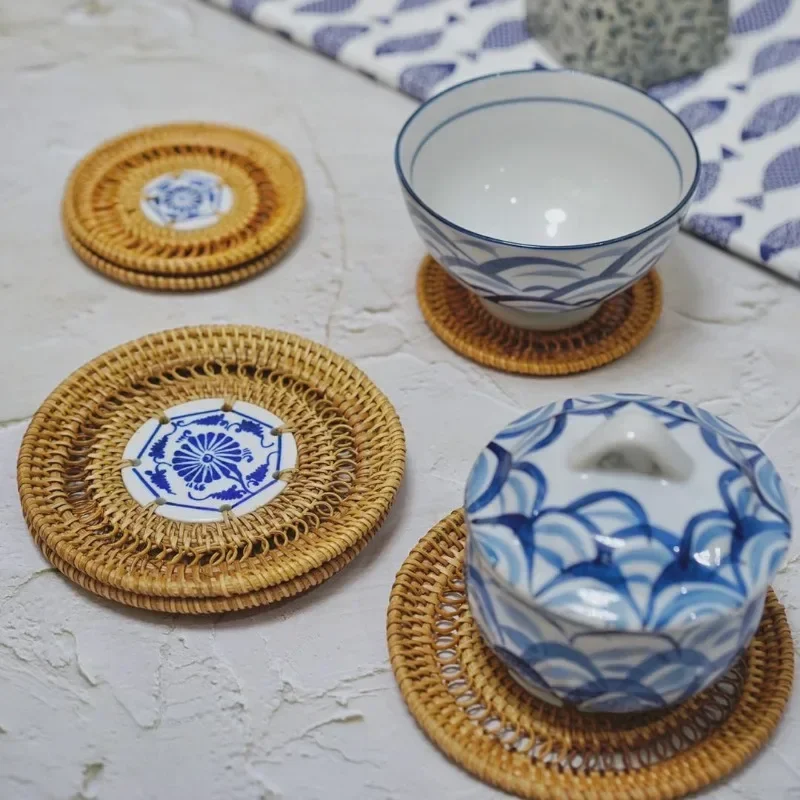 

Drink Coasters Set Kungfu Tea Accessories Round Tableware Placemat Dish Mat Rattan Weave Cup Mat Pad Diameter