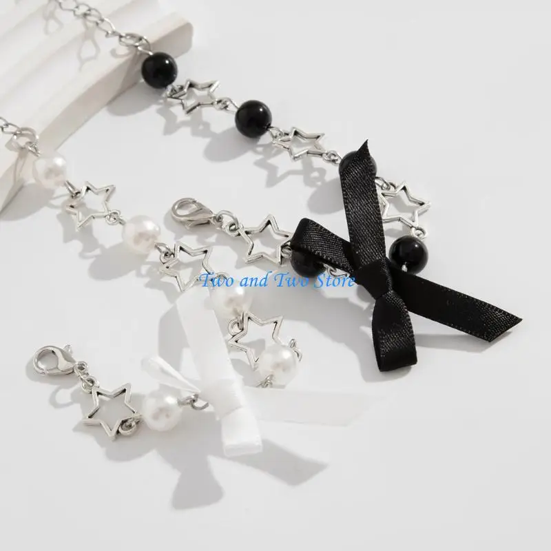 HX6F Bowknot Tassels Bracelet with Faux Pearls Accent Fashionable Bowknot Tassels Bracelet for Girls Showcasing Gracefulness